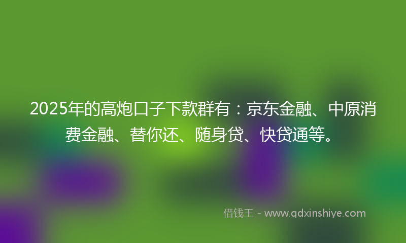 2025年的高炮口子下款群有：京东金融、中原消费金融、替你还、随身贷、快贷通等。