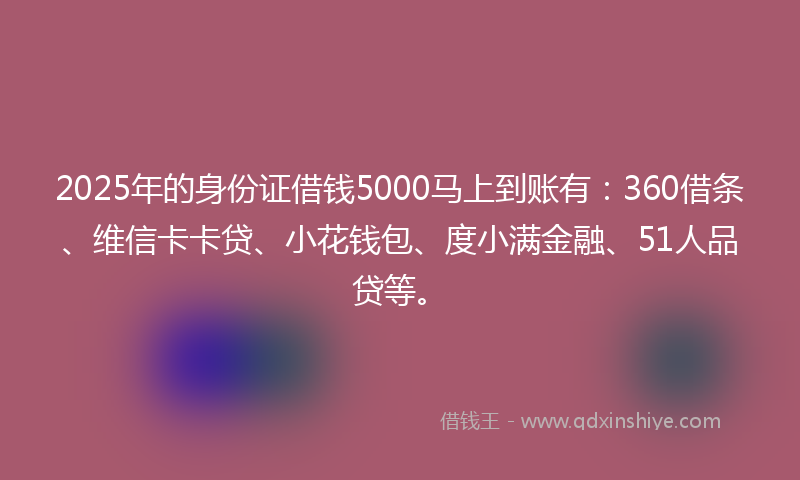 2025年的身份证借钱5000马上到账有：360借条、维信卡卡贷、小花钱包、度小满金融、51人品贷等。