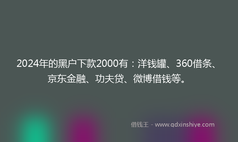2024年的黑户下款2000有：洋钱罐、360借条、京东金融、功夫贷、微博借钱等。