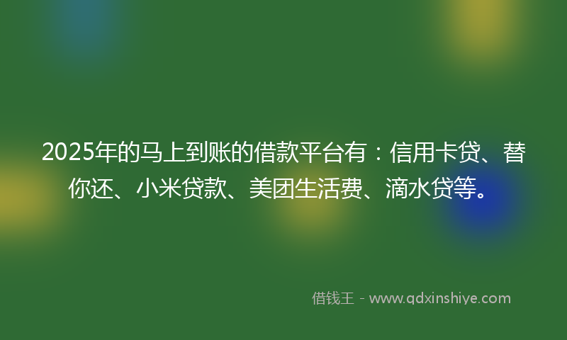 2025年的马上到账的借款平台有：信用卡贷、替你还、小米贷款、美团生活费、滴水贷等。