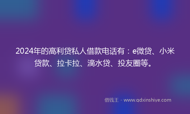2024年的高利贷私人借款电话有：e微贷、小米贷款、拉卡拉、滴水贷、投友圈等。