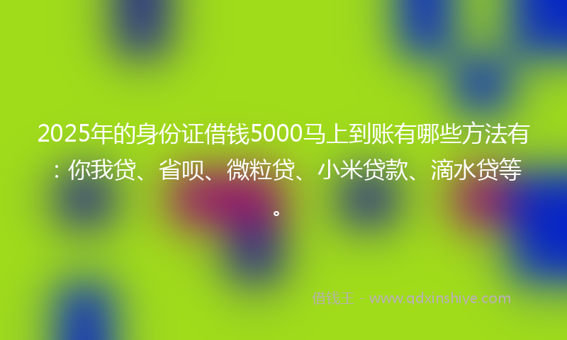 2025年的身份证借钱5000马上到账有哪些方法有：你我贷、省呗、微粒贷、小米贷款、滴水贷等。