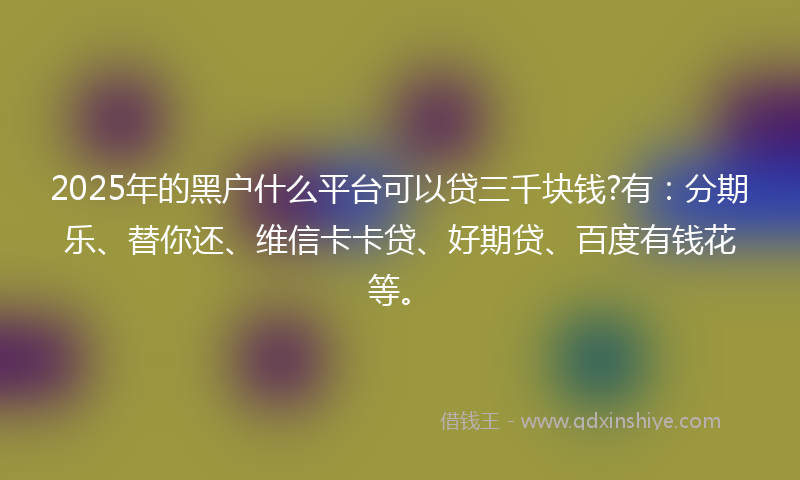 2025年的黑户什么平台可以贷三千块钱?有：分期乐、替你还、维信卡卡贷、好期贷、百度有钱花等。