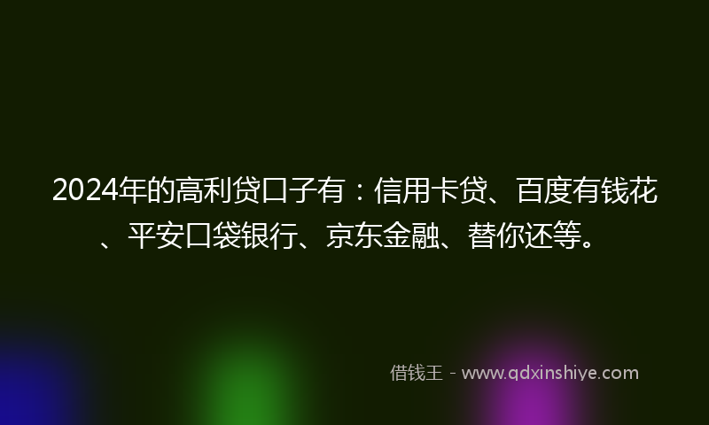 2024年的高利贷口子有：信用卡贷、百度有钱花、平安口袋银行、京东金融、替你还等。