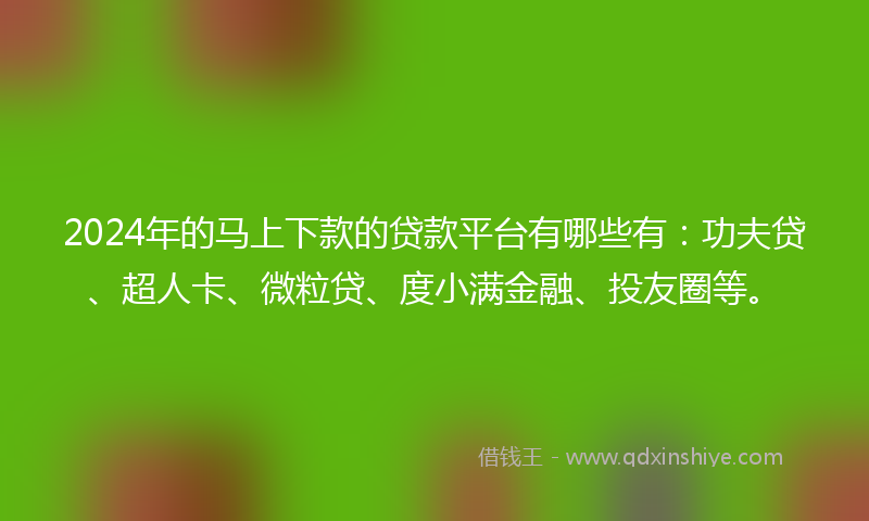 2024年的马上下款的贷款平台有哪些有：功夫贷、超人卡、微粒贷、度小满金融、投友圈等。