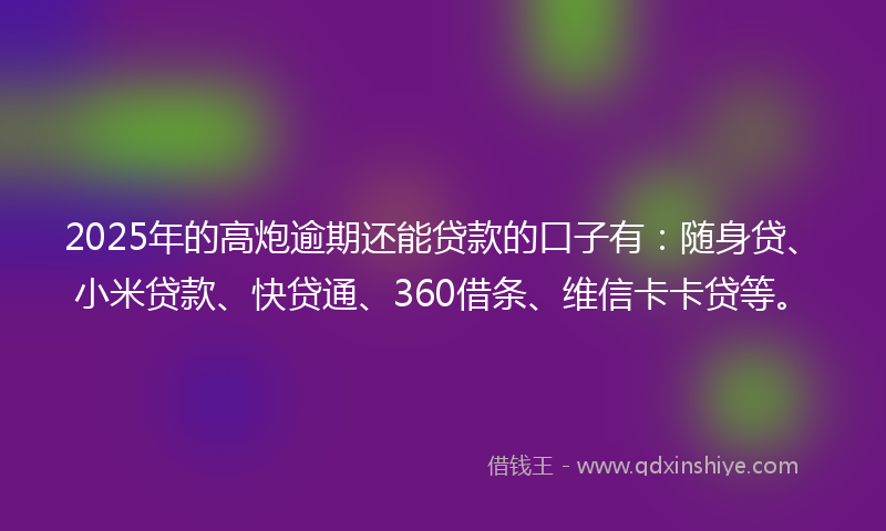 2025年的高炮逾期还能贷款的口子有：随身贷、小米贷款、快贷通、360借条、维信卡卡贷等。