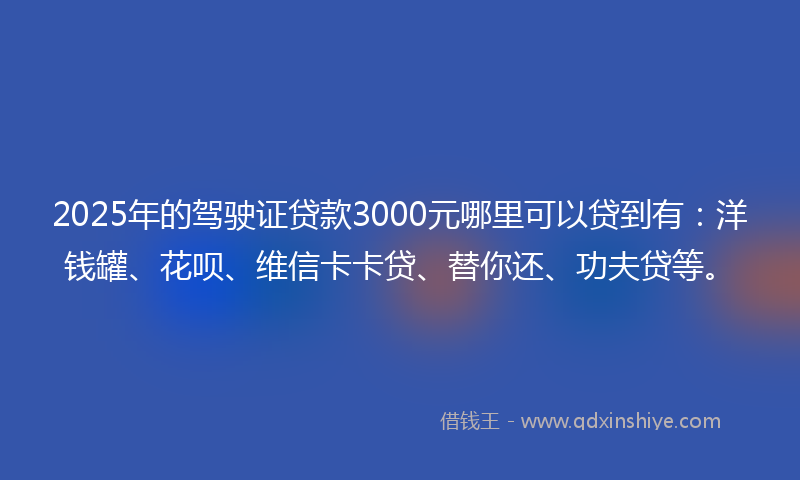 2025年的驾驶证贷款3000元哪里可以贷到有：洋钱罐、花呗、维信卡卡贷、替你还、功夫贷等。