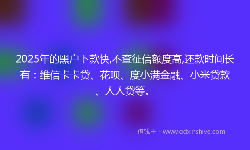 2025年的黑户下款快,不查征信额度高,还款时间长有：维信卡卡贷、花呗、度小满金融、小米贷款、人人贷等。