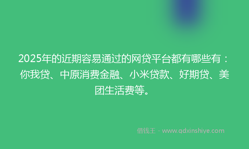 2025年的近期容易通过的网贷平台都有哪些有：你我贷、中原消费金融、小米贷款、好期贷、美团生活费等。