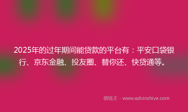 2025年的过年期间能贷款的平台有：平安口袋银行、京东金融、投友圈、替你还、快贷通等。