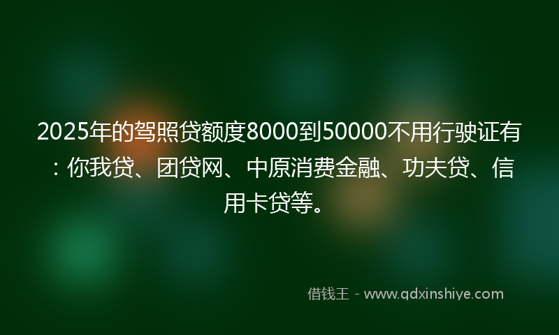 2025年的驾照贷额度8000到50000不用行驶证有：你我贷、团贷网、中原消费金融、功夫贷、信用卡贷等。