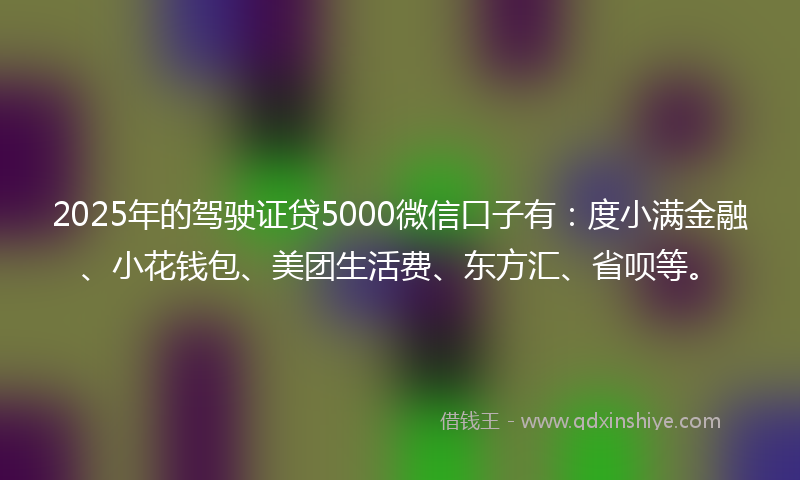 2025年的驾驶证贷5000微信口子有：度小满金融、小花钱包、美团生活费、东方汇、省呗等。