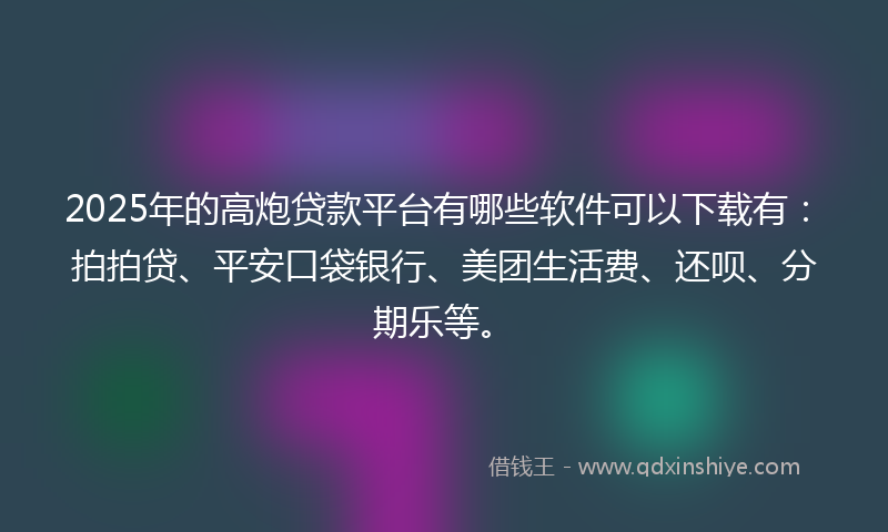 2025年的高炮贷款平台有哪些软件可以下载有：拍拍贷、平安口袋银行、美团生活费、还呗、分期乐等。