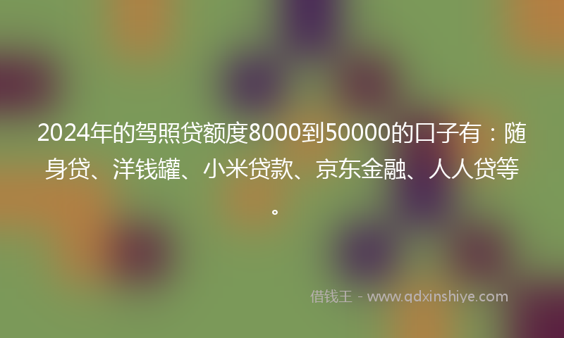 2024年的驾照贷额度8000到50000的口子有：随身贷、洋钱罐、小米贷款、京东金融、人人贷等。