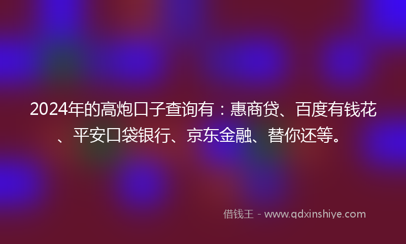 2024年的高炮口子查询有：惠商贷、百度有钱花、平安口袋银行、京东金融、替你还等。