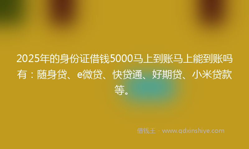2025年的身份证借钱5000马上到账马上能到账吗有：随身贷、e微贷、快贷通、好期贷、小米贷款等。