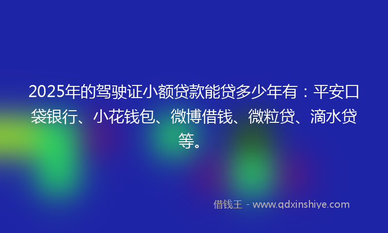 2025年的驾驶证小额贷款能贷多少年有：平安口袋银行、小花钱包、微博借钱、微粒贷、滴水贷等。