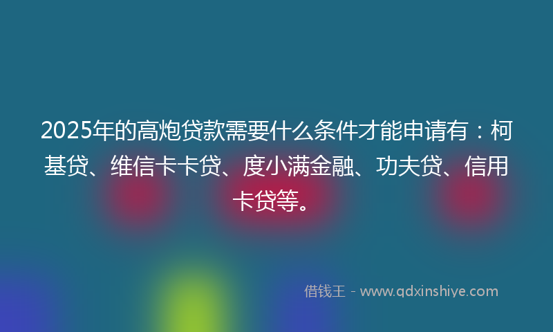 2025年的高炮贷款需要什么条件才能申请有：柯基贷、维信卡卡贷、度小满金融、功夫贷、信用卡贷等。