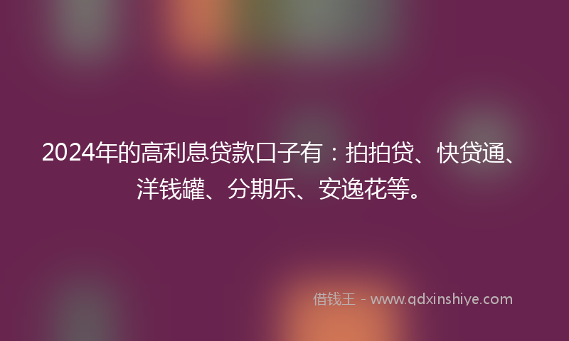2024年的高利息贷款口子有：拍拍贷、快贷通、洋钱罐、分期乐、安逸花等。