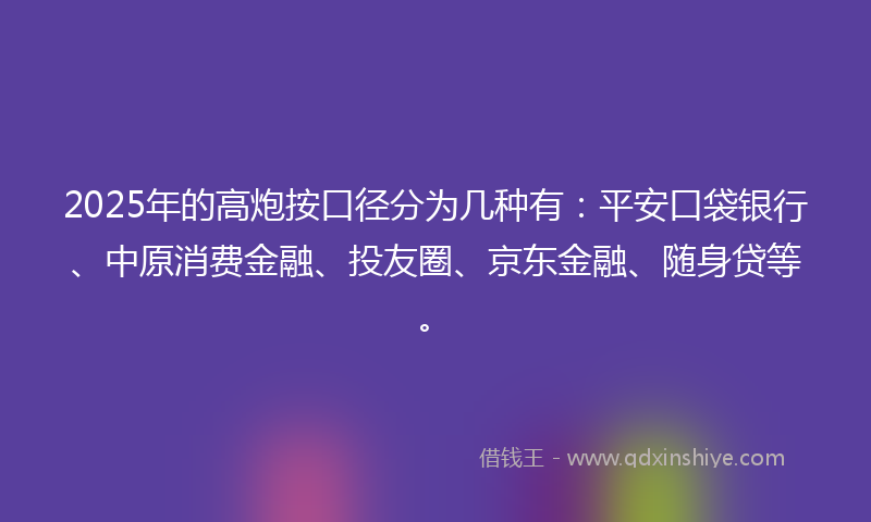 2025年的高炮按口径分为几种有：平安口袋银行、中原消费金融、投友圈、京东金融、随身贷等。