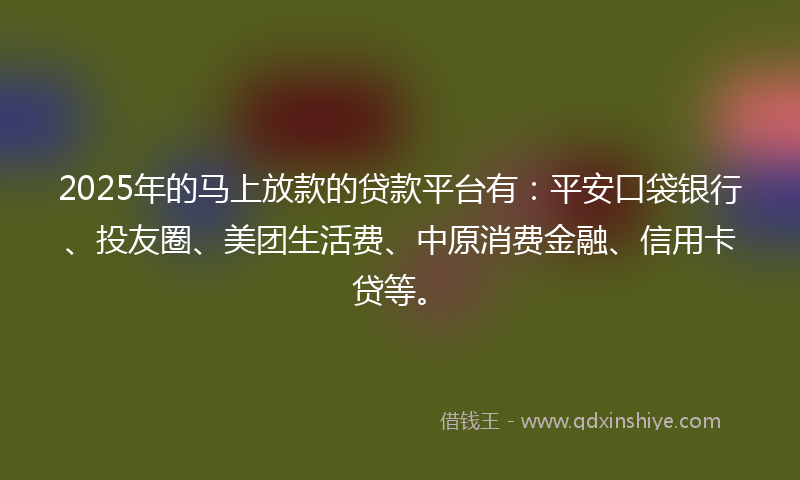 2025年的马上放款的贷款平台有：平安口袋银行、投友圈、美团生活费、中原消费金融、信用卡贷等。