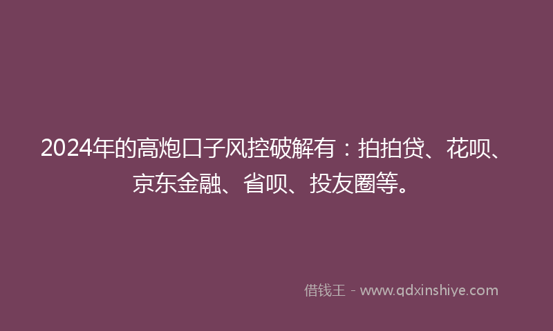 2024年的高炮口子风控破解有：拍拍贷、花呗、京东金融、省呗、投友圈等。
