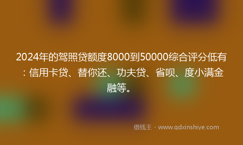 2024年的驾照贷额度8000到50000综合评分低有：信用卡贷、替你还、功夫贷、省呗、度小满金融等。