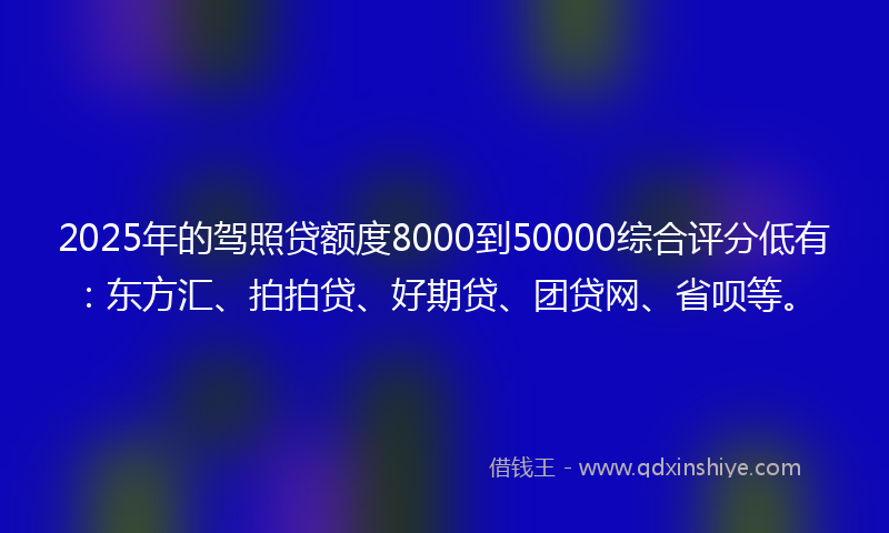 2025年的驾照贷额度8000到50000综合评分低有：东方汇、拍拍贷、好期贷、团贷网、省呗等。