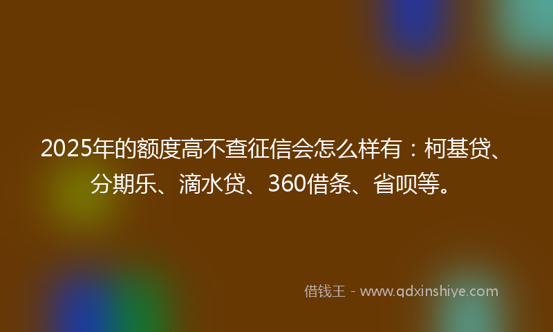 2025年的额度高不查征信会怎么样有：柯基贷、分期乐、滴水贷、360借条、省呗等。