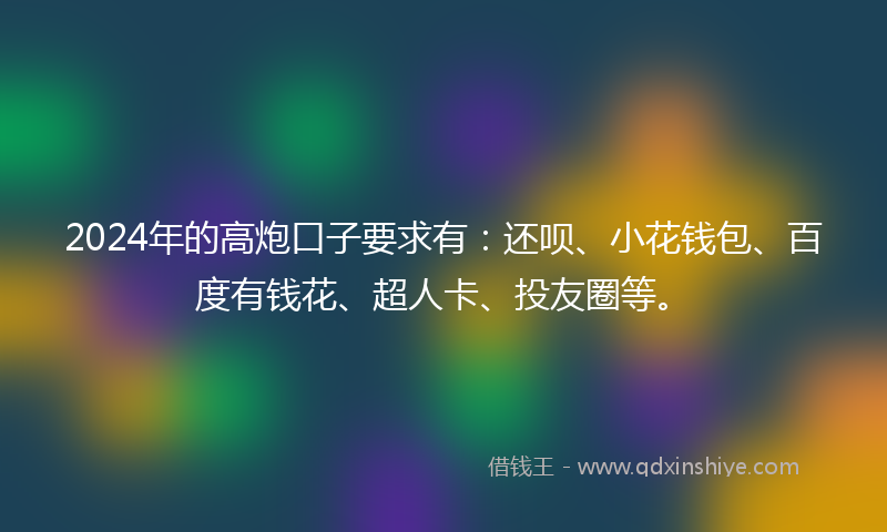 2024年的高炮口子要求有：还呗、小花钱包、百度有钱花、超人卡、投友圈等。