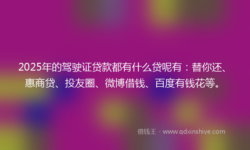2025年的驾驶证贷款都有什么贷呢有：替你还、惠商贷、投友圈、微博借钱、百度有钱花等。