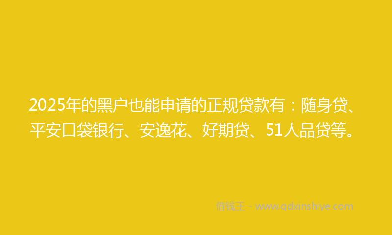 2025年的黑户也能申请的正规贷款有：随身贷、平安口袋银行、安逸花、好期贷、51人品贷等。
