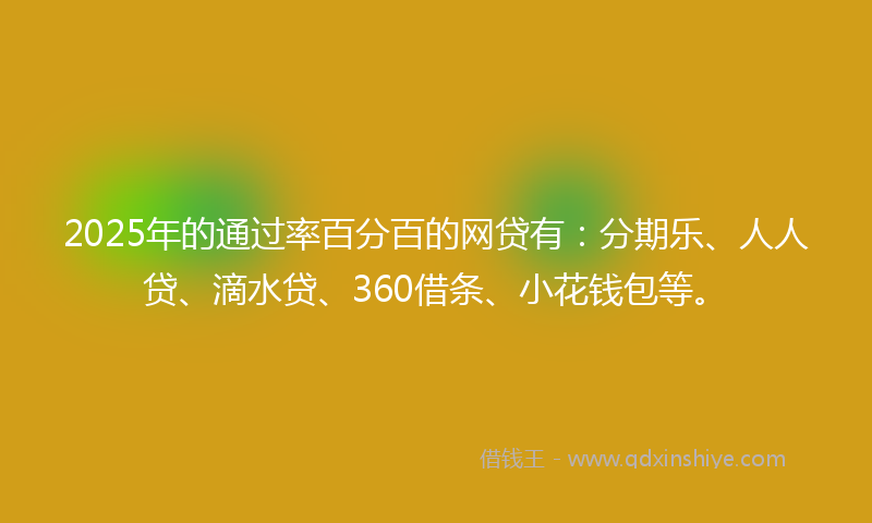 2025年的通过率百分百的网贷有：分期乐、人人贷、滴水贷、360借条、小花钱包等。