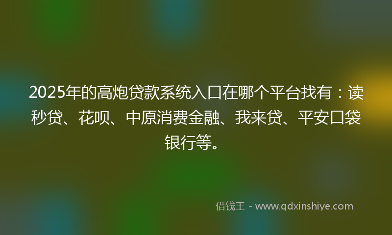 2025年的高炮贷款系统入口在哪个平台找有：读秒贷、花呗、中原消费金融、我来贷、平安口袋银行等。