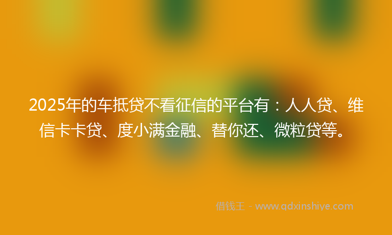 2025年的车抵贷不看征信的平台有：人人贷、维信卡卡贷、度小满金融、替你还、微粒贷等。