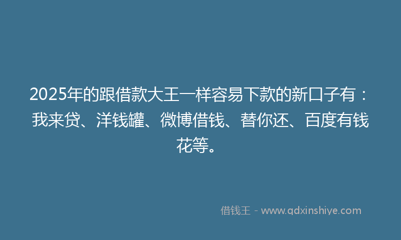 2025年的跟借款大王一样容易下款的新口子有：我来贷、洋钱罐、微博借钱、替你还、百度有钱花等。