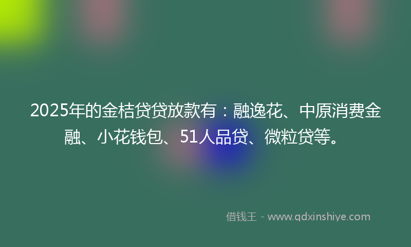 2025年的金桔贷贷放款有：融逸花、中原消费金融、小花钱包、51人品贷、微粒贷等。