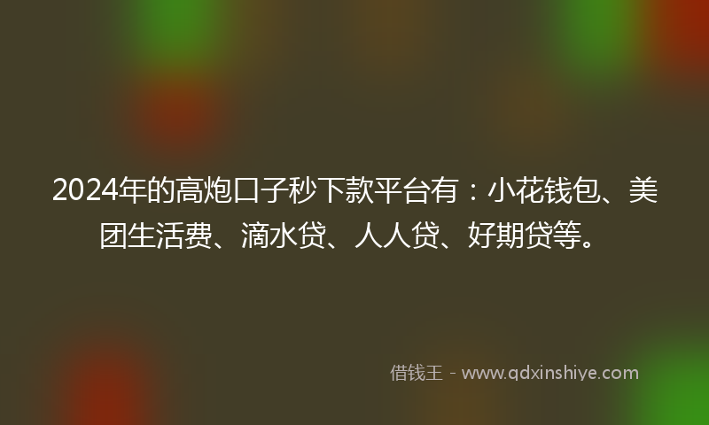 2024年的高炮口子秒下款平台有：小花钱包、美团生活费、滴水贷、人人贷、好期贷等。
