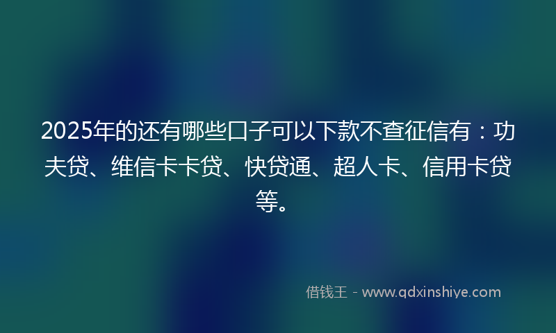 2025年的还有哪些口子可以下款不查征信有：功夫贷、维信卡卡贷、快贷通、超人卡、信用卡贷等。