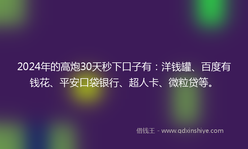 2024年的高炮30天秒下口子有：洋钱罐、百度有钱花、平安口袋银行、超人卡、微粒贷等。