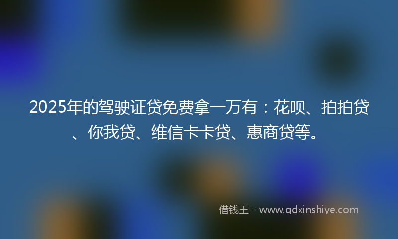 2025年的驾驶证贷免费拿一万有：花呗、拍拍贷、你我贷、维信卡卡贷、惠商贷等。