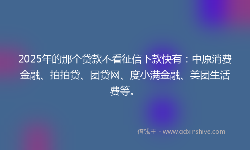 2025年的那个贷款不看征信下款快有：中原消费金融、拍拍贷、团贷网、度小满金融、美团生活费等。