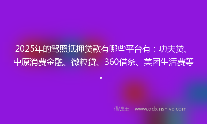 2025年的驾照抵押贷款有哪些平台有：功夫贷、中原消费金融、微粒贷、360借条、美团生活费等。