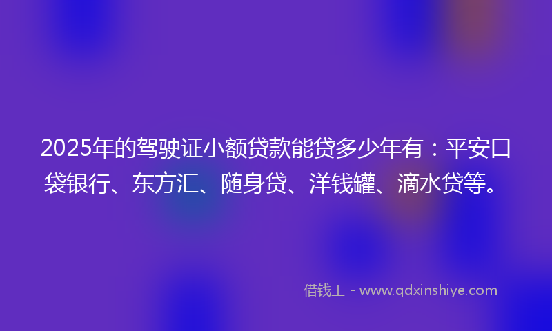 2025年的驾驶证小额贷款能贷多少年有：平安口袋银行、东方汇、随身贷、洋钱罐、滴水贷等。