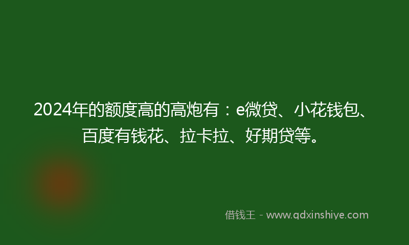 2024年的额度高的高炮有：e微贷、小花钱包、百度有钱花、拉卡拉、好期贷等。