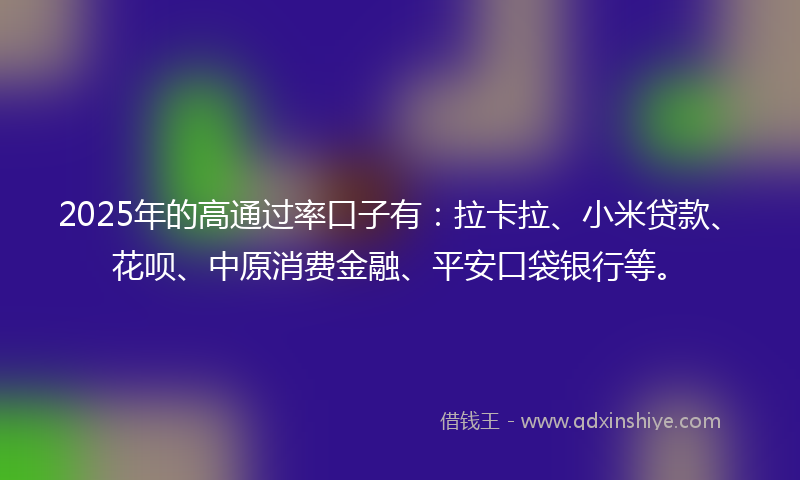 2025年的高通过率口子有：拉卡拉、小米贷款、花呗、中原消费金融、平安口袋银行等。