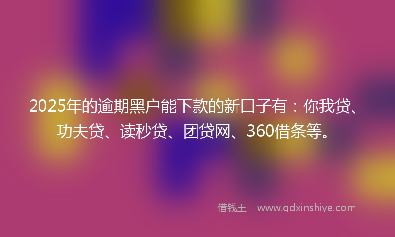 2025年的逾期黑户能下款的新口子有：你我贷、功夫贷、读秒贷、团贷网、360借条等。