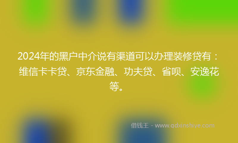 2024年的黑户中介说有渠道可以办理装修贷有：维信卡卡贷、京东金融、功夫贷、省呗、安逸花等。