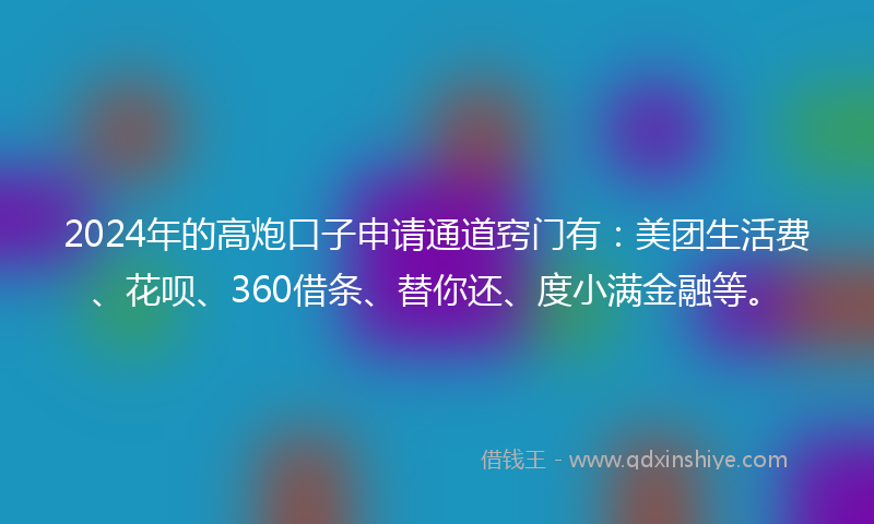 2024年的高炮口子申请通道窍门有：美团生活费、花呗、360借条、替你还、度小满金融等。