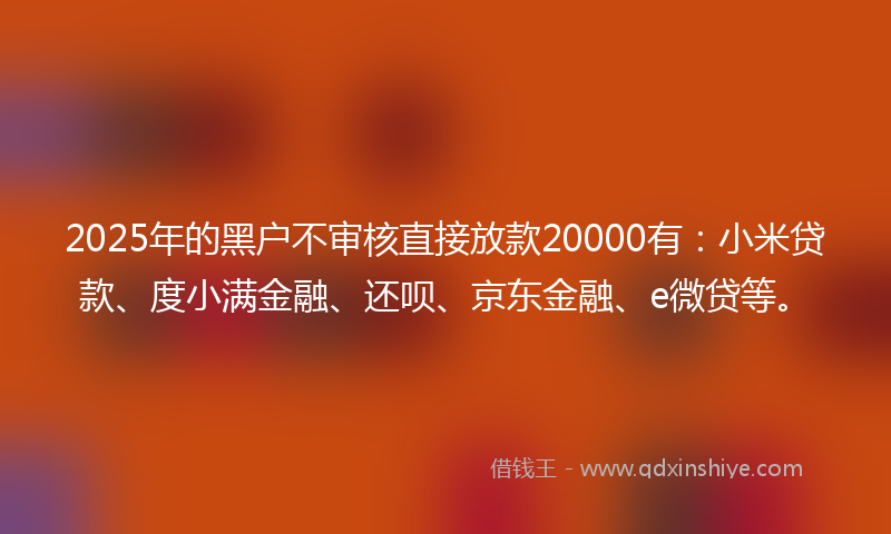 2025年的黑户不审核直接放款20000有：小米贷款、度小满金融、还呗、京东金融、e微贷等。